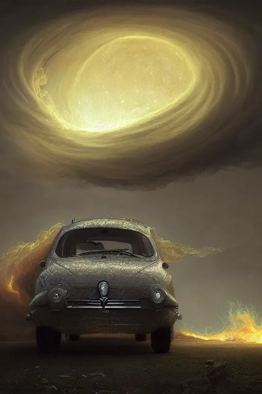 Prompt: Intricate stunning highly detailed Fiat 600R built in Argentina by agostino arrivabene and Vladimir Kush, surreal, digital painting, ultra realistic, Horror vacui, dramatic lighting, full moon, thick black swirling smoke tornado, burning fire embers, artstation