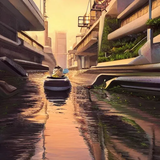 Prompt: Narrow cosy waterway in futuristic sci-fi city in harmony with nature with kayak. Nice colour scheme, soft warm colour. Beautiful detailed painting by Lurid. (2022)