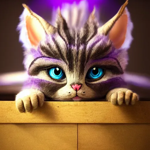 Image similar to full body pose, hyperrealistic photograph of the cheshire cat as a kitten, dim volumetric lighting, 8 k, octane beautifully detailed render, extremely hyper detailed, intricate, epic composition, cinematic lighting, masterpiece, trending on artstation, very very detailed, stunning, hdr, smooth, sharp focus, high resolution, award, winning photo, dslr, 5 0 mm