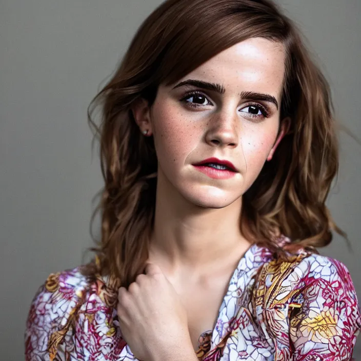 Image similar to a portrait of Emma Watson wearing batik dress, by Charlotte Grimm, natural light, detailed face, CANON Eos C300, ƒ1.8, 35mm, 8K, medium-format print