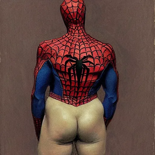 Prompt: Back view of spiderman, intricate, maximalism, deep shadows, award winning, by Ilya Repin