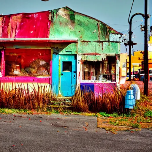 Prompt: abandoned diner colorful with rotting food