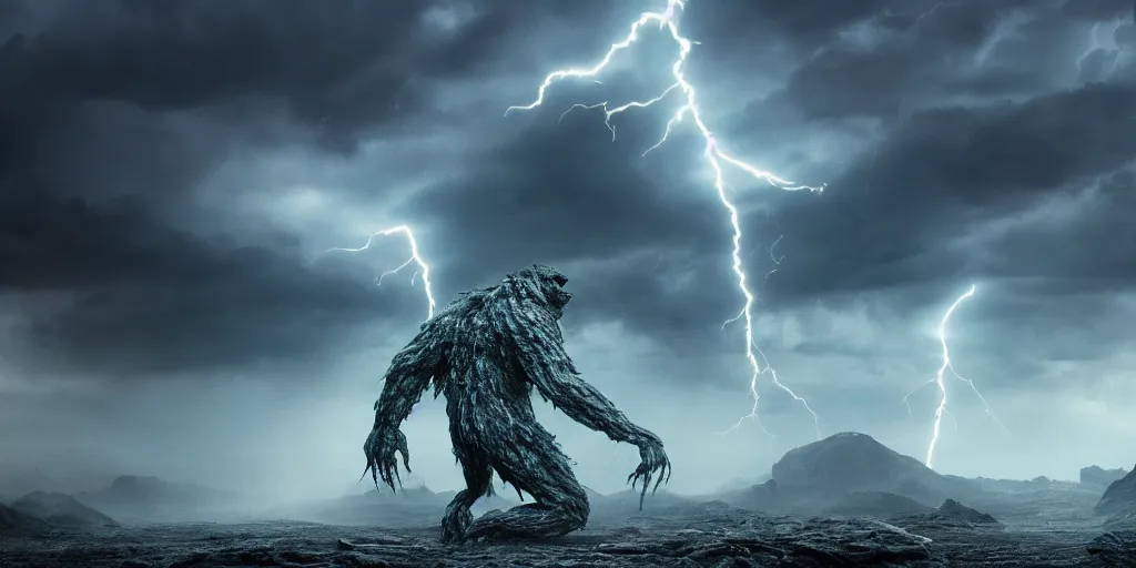 Image similar to monster made of energy in a landscape made of crystal, lightning storm, cinematic, detailed, epic, widescreen, opening, establishing, mattepainting, photorealistic, 4 k, octane render