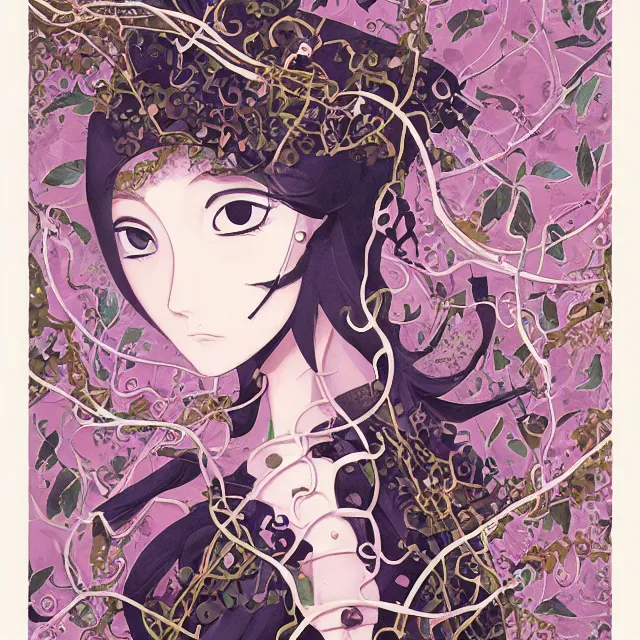 Prompt: the princess made of clockwork and vines. this gouache painting by the award - winning mangaka has interesting color contrasts, plenty of details and impeccable lighting.