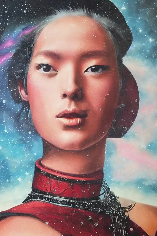 Prompt: hyperrealism oil painting, close - up portrait of medieval fashion model, warrior, steel gradient mixed with nebula sky, in style of baroque mixed with 7 0 s japan book art