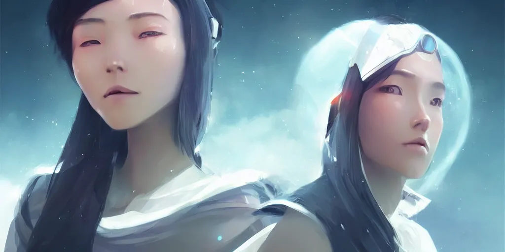 Image similar to Young Tibetan woman, somber white eyes, long, gentle lighting, piloting a small space shuttle, futuristic, dim lighting, digital art by Makoto Shinkai ilya kuvshinov and Wojtek Fus, digital art, concept art,