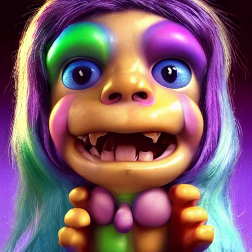 Image similar to A full body shot of a cute and mischievous huggy-wuggy from poppy-playtime the video game. Fancy Dress. Subsurface Scattering. Translucent Skin. Rainbow palette. defined facial features, symmetrical facial features. Opalescent surface. beautiful lighting. By Giger and Ruan Jia and Artgerm and WLOP and William-Adolphe Bouguereau. Photo real. Hyper-real. Photorealism. Fantasy Illustration. Sailor Moon hair. Masterpiece. trending on artstation, featured on pixiv, award winning, cinematic composition, dramatic pose, sharp, details, Hyperrealism, HD, HDR, 4K, 8K.