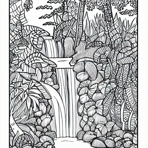 Image similar to an adult coloring page of a waterfall in the enchanted forest