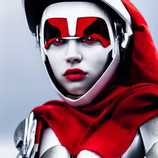 Image similar to headshot of an beautiful female soldier in glossy sleek white armor with tiny red details and a long red cape, downward angle, determined expression, on the surface of mars, night time, dramatic lighting, cinematic, sci-fi, hyperrealistic