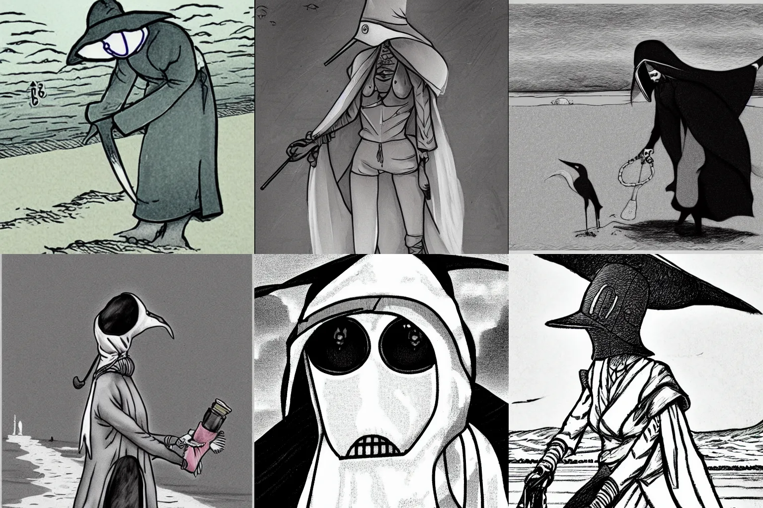 Prompt: A Manga drawling of a female plague doctor at the beach.