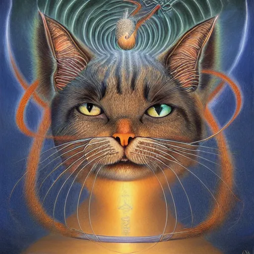 Image similar to a cat having an ego trip, by alex grey, by Esao Andrews and Karol Bak and Zdzislaw Beksinski and Zdzisław Beksiński, trending on ArtStation