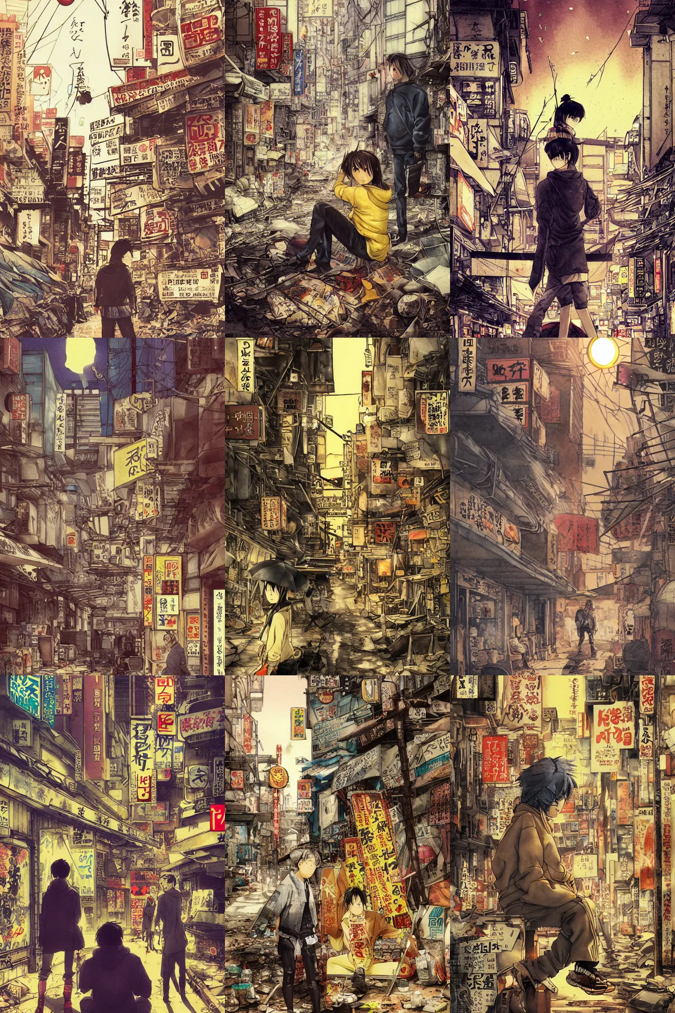 Prompt: tatsuyuki tanaka movie poster, genius party, shinjuku, koji morimoto, katsuya terada, masamune shirow, tatsuyuki tanaka, bold golden hour lighting, detailed watercolor, paper texture, movie scene, distant shot of hoody girl side view sitting under a parasol in deserted dusty shinjuku junk town, old pawn shop, bright sun bleached ground ,scary chameleon face muscle robot monster lurks in the background, ghost mask, teeth, animatronic, black smoke, pale beige sky, junk tv, texture, strange, impossible, fur, spines, mouth, pipe brain, shell, brown mud, dust, bored expression, overhead wires, telephone pole, dusty, dry, pencil marks, hd, 4k, remaster, dynamic camera angle, deep 3 point perspective, fish eye, dynamic scene