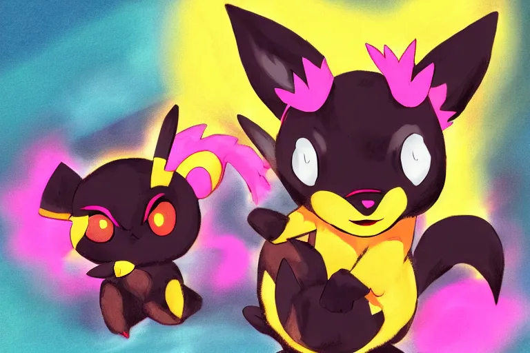 Image similar to zorua the black and maroon fox - like pokemon playing with a yellow and black pikachu, digital anime art