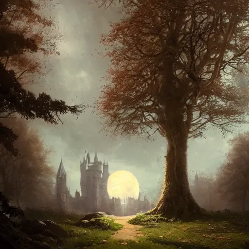 Image similar to a hidden entrance in the trees, victorian setting, dramatic light, castle background, clouds, moon, storm, night, high detail, fantasy background, painted by greg rutkowski, digital art, trending on artstation