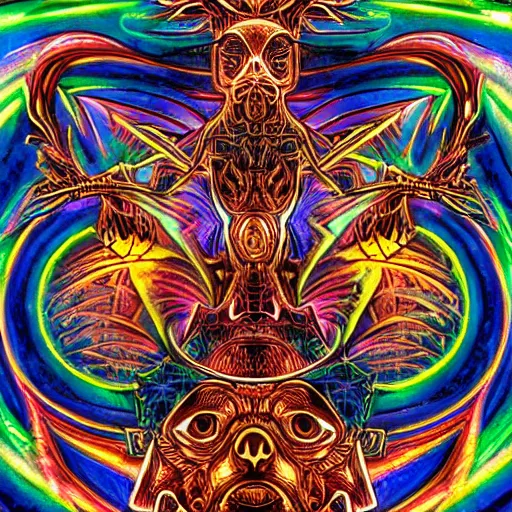 Image similar to three - headed cyberpunk hell - dog standing proudly at the top of a very steep hill, sacred geometry, alchemy background, merkabah, psychedelic, graffiti, in the style of alex grey