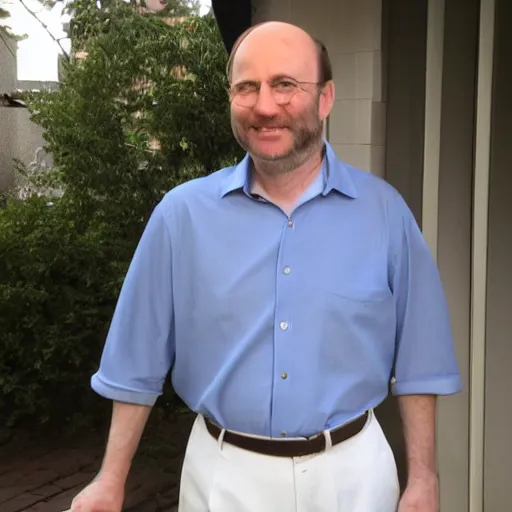 Prompt: color photograph of a balding middle aged brown haired hairy blue eyed round faced Jewish short white man dressed in a white shirt, grey pants and black dress shoes smiling at the camera with closed lips