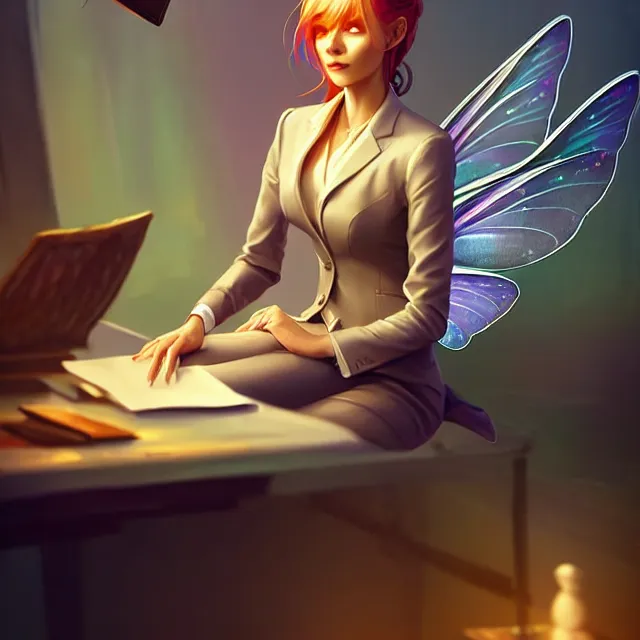 Prompt: epic professional digital art of a fairy in a professional business suit, sitting at her desk,, best on artstation, cgsociety, wlop, Behance, pixiv, astonishing, impressive, outstanding, epic, cinematic, stunning, gorgeous, breathtaking fantasy art, masterpiece.