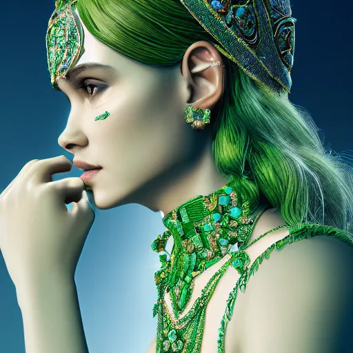 Image similar to photograph of wonderful princess with smooth fair skin, green jewelry, breathtaking, elegant, ornate, intricate, hyper detailed, accent lighting, dramatic light, 4 k octane render