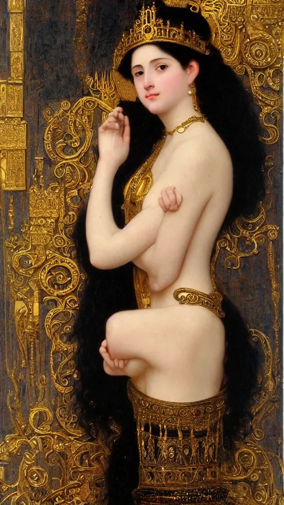 Prompt: painting portrait of a beautiful black haired woman with pale skin and a crown on her head sitted on an intricate metal throne, intricate, elegant, digital painting, smooth, sharp focus, shiny gold, realistic gold, realistic metal, by william - adolphe bouguereau and gustav klimt,