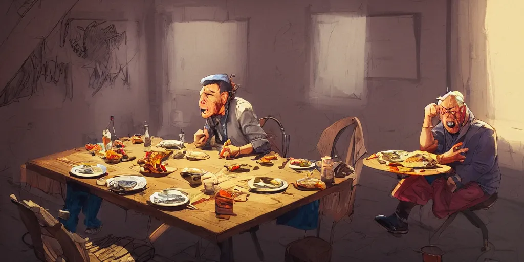 Image similar to cartoonish neil young eating dinner, vivid colors, character sheet, fine details, concept design, contrast, kim jung gi, greg rutkowski, trending on artstation, 8 k, full body, turnaround, front view, back view, ultra wide angle