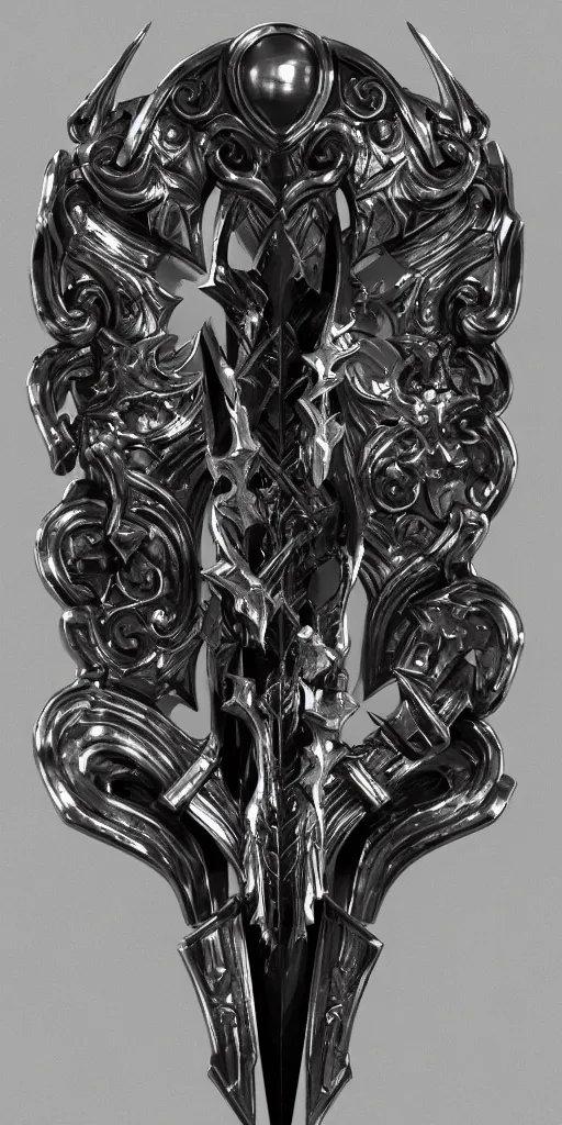 Image similar to a black and silver stylized sword skull crest, ornament, weapon, a 3 d render by dom qwek, front side, concept art, trending on polycount, artstation, hard surface modeling, rendered in maya, zbrush, hd, blizzard, symmetry