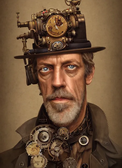 Image similar to steampunk portrait of hugh laurie, au naturel, hyper detailed, digital art, trending in artstation, cinematic lighting, studio quality, smooth render, unreal engine 5 rendered, octane rendered, art style by klimt and nixeu and ian sprigger and wlop and krenz cushart.