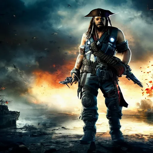 Prompt: captain jack sparrow in'gears of war '!!!, splash art, movie still, cinematic lighting, dramatic, octane render, detailed face, long lens, shallow depth of field, bokeh, anamorphic lens flare, 8 k, hyper detailed, 3 5 mm film grain