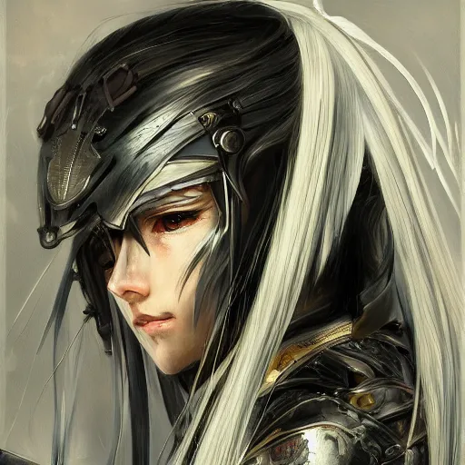 Image similar to Soft oil portrait with broad brush strokes of an anime girl with a long white hair wearing Elden Ring armour with engraving in the style of Yoji Shinkawa, expressive brush strokes, hairs fluttering on the wing, noisy film grain effect, highly detailed, Renaissance oil painting, weird portrait angle, blurred lost edges, three quarter view