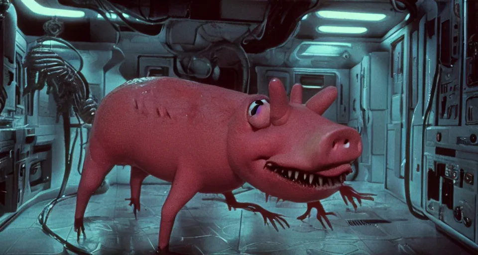 Image similar to peppa the pig infected by xenomorph from movie alien 1 9 7 9, staying at nostromo spaceship. extreme long shot, 4 k, cinestill, giger, hermann nitsch, dark colors