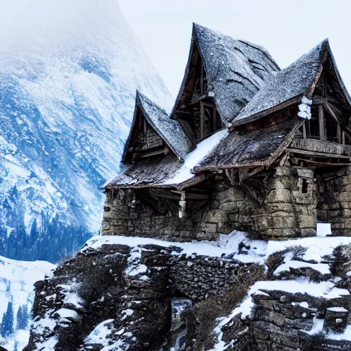 Image similar to old abandoned dwarven keep nestled high up in the snow covered mountains. picturesque scenery. running water. landscape photography. fantasy. trending on art station.