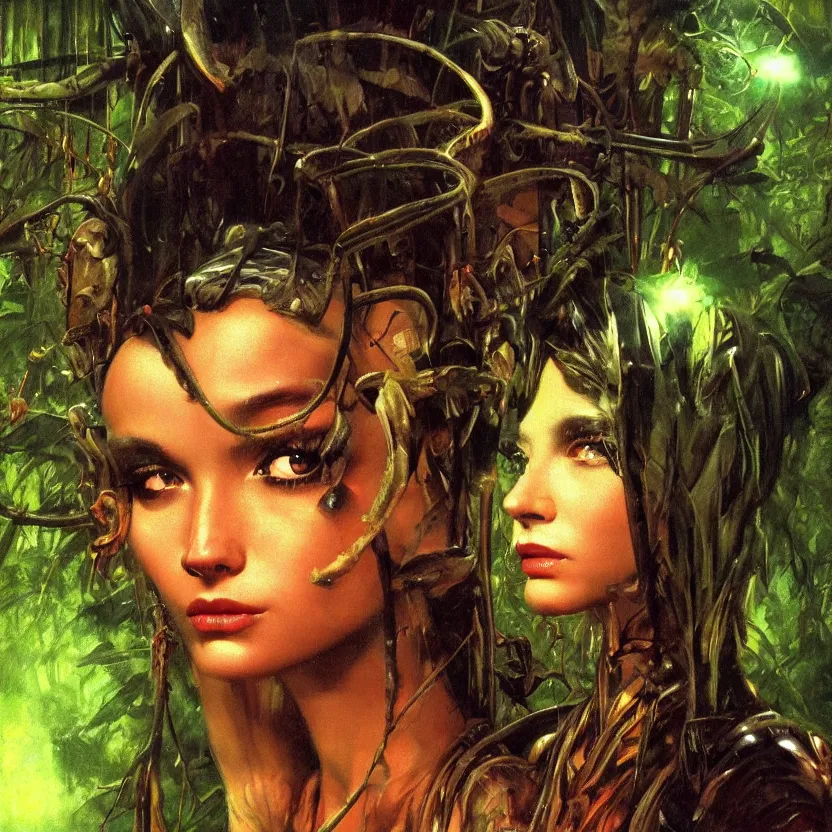 Prompt: a close - up dark sci - fi portrait of a angelic alien nymph girl in a jungle. reflective textures. glowing fog in the background. highly detailed science fiction painting by norman rockwell, frank frazetta, and syd mead. rich colors, high contrast, gloomy atmosphere, dark background. trending on artstation