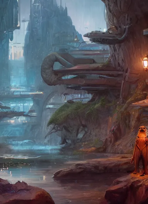 Image similar to portrait, anthropomorphic otter fursona wearing Jedi robes in a futuristic river town. Dramatic lighting, cinematic, establishing shot, extremely high detail, photo realistic, post processed, artstation, matte painting, style by eddie mendoza, raphael lacoste, alex ross