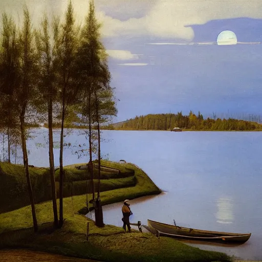 Image similar to A cottage near lake by Harald Sohlberg. A fisherman fishing in the lake beautiful trending on Artstation oil on canvas