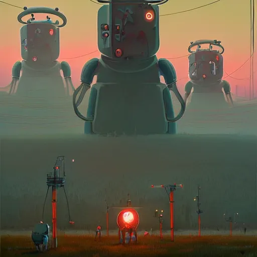 Image similar to the wretched mechanical giants who plague our kingdom, art by Simon Stalenhag