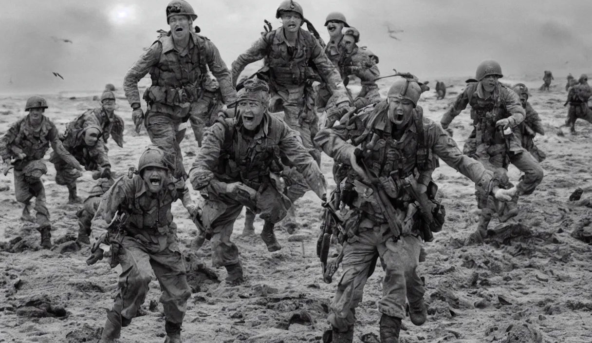 Prompt: Hollywood image of Matthew Lillard as shaggy from scooby doo, storming the beaches of Normandy, with soldiers by his side, saving private Ryan, 70mm film, HD, high detail, photorealistic, epic shot, Hollywood cinematic masterpiece, Christopher Nolan