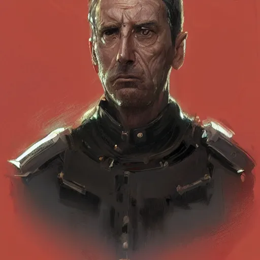 Image similar to Portrait of a man by Greg Rutkowski, he is about 60 years old, short black hair with bangs, his features are a mix between French, Turkish and Russian, expression of contempt, sorrow and resignation, he is wearing a futuristic tactical gear, highly detailed portrait, digital painting, artstation, concept art, smooth, sharp foccus ilustration, Artstation HQ.