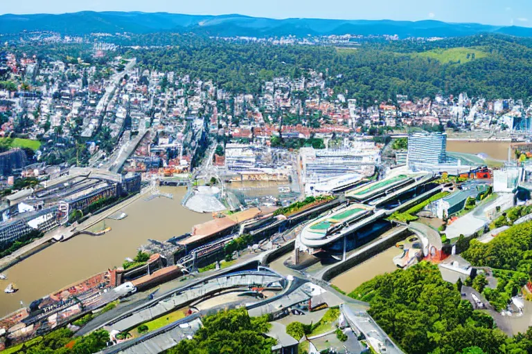 Image similar to bird's eye view photography of a small city. town hall, central farm, monorail station, beach and shipping dock. hills, woods and lake to the north.