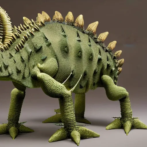 Image similar to hyperrealistic detailed photo of a stegosaurus skeleton, 8 k, located inside of a museum, ambient dim lighting, small green clay stegosaurus model is shown