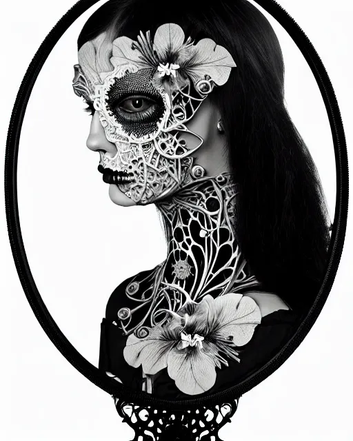 Image similar to black and white masterpiece profile portrait painting with no frame, dutch masters, silver lace floral steampunk biomechanical beautiful one techno eye young female cyborg, big monocular, volumetric light, leaves foliage and stems, hibiscus flowers, by dora maar, rim light, big gothic fashion pearl embroidered collar, 8 k