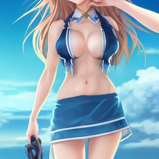 Image similar to a very beautiful mature yuuki asuna, full body, long wavy blond hair, sky blue eyes, full round face, bikini, miniskirt, front view, mid - shot, highly detailed, cinematic wallpaper by stanley artgerm lau