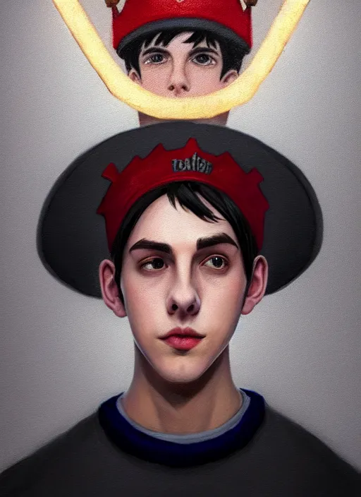 Image similar to portrait of teenage jughead jones wearing a light grey crown, photorealistic, crown, sweater with letter s on it, hamburger, eyes closed, crown, black hair, intricate, elegant, glowing lights, highly detailed, digital painting, artstation, concept art, smooth, sharp focus, illustration, art by wlop, mars ravelo and greg rutkowski