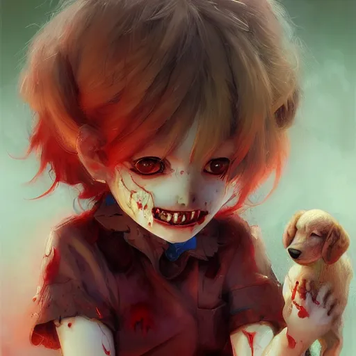 Image similar to A cute zombie playing with a puppy by Marc Simonetti, beautiful anime portrait, official artwork, stylistic, Touhou character, brush strokes, oil, canvas