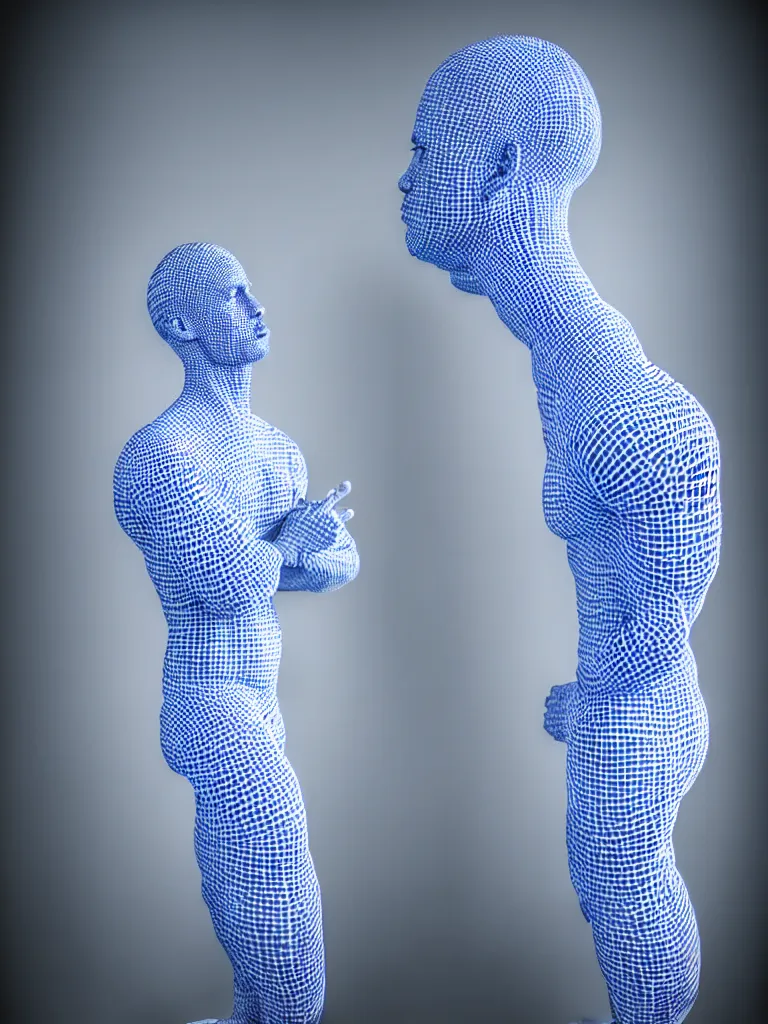 Image similar to a fine art photograph formal self sculpture by the artist kelbv, in realistic style with tubes neatly navigating the contours of his body, and disjoint body pumped full with blue and white gingham ellipsoids, perfect studio lighting.