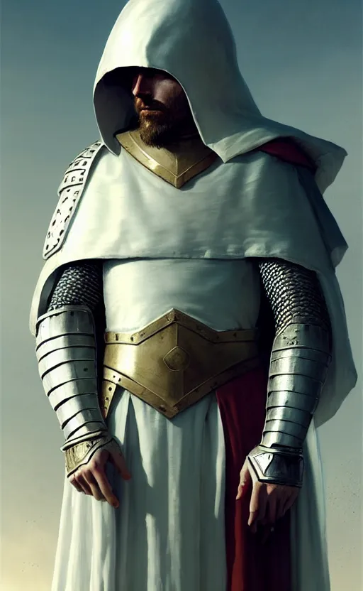 Image similar to white man looking forward in decorated plate armor, cylindrical crusader great helm covering all his head and white silk cape covering his elbows drawn by greg rutkowski realistic high detail