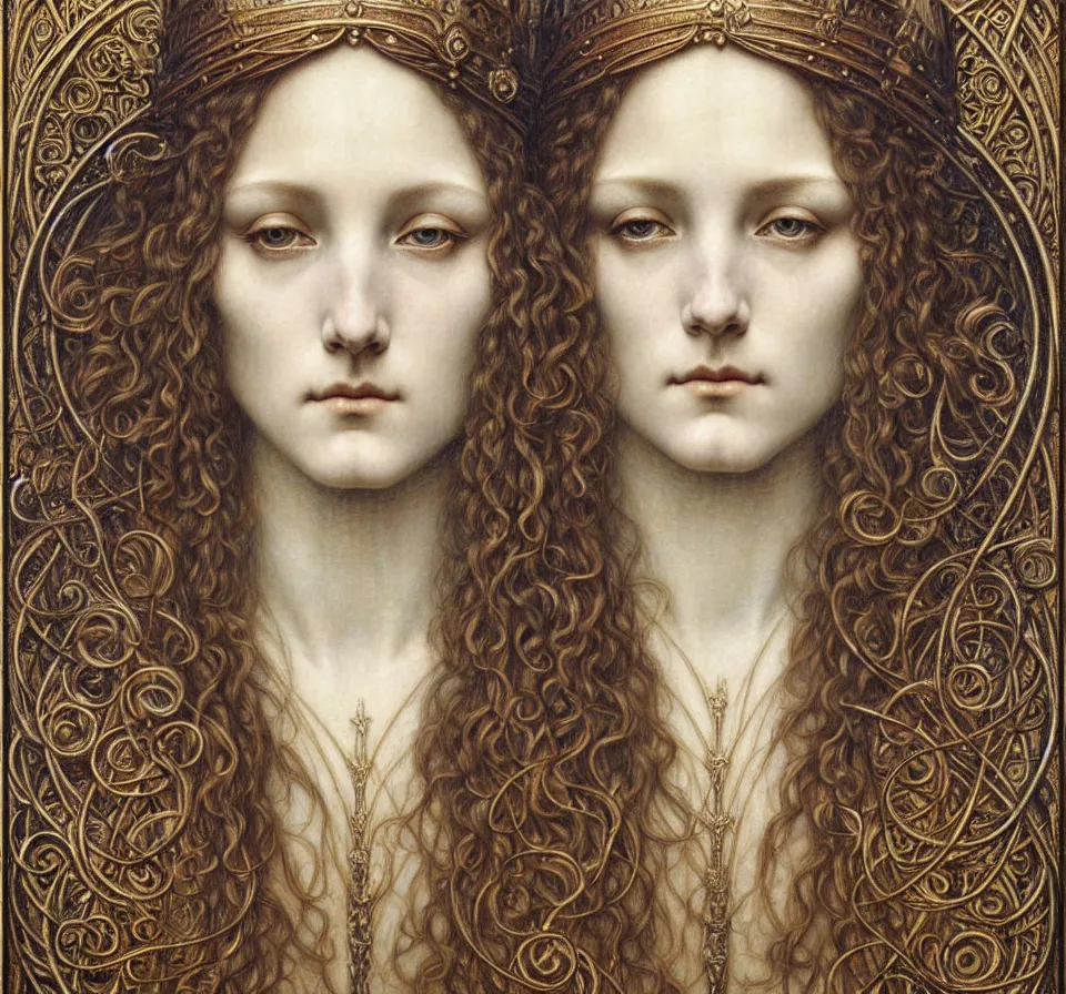 Image similar to detailed realistic beautiful young medieval queen face portrait by jean delville, gustave dore and marco mazzoni, art nouveau, symbolist, visionary, gothic, pre - raphaelite. horizontal symmetry