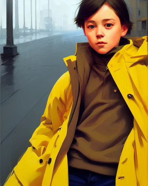 Image similar to stylized portrait of an artistic pose, composition, young kid with a yellow raincoat, standing in an empty steet, realistic shaded, fine details, realistic shaded lighting poster by ilya kuvshinov, magali villeneuve, artgerm, jeremy lipkin and michael garmash and rob rey