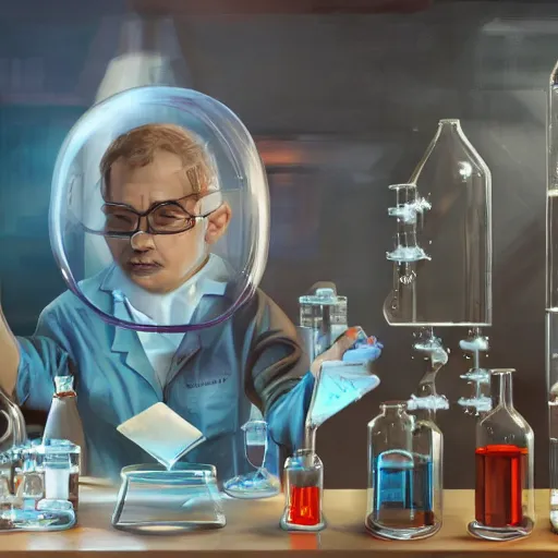 Prompt: mouse in a lab coat performing a chemistry experiment, in a cluttered lab, lots of beakers, illustration, cyberpunk, sci - fi fantasy, intricate, elegant, highly detailed, digital painting, artstation, concept art