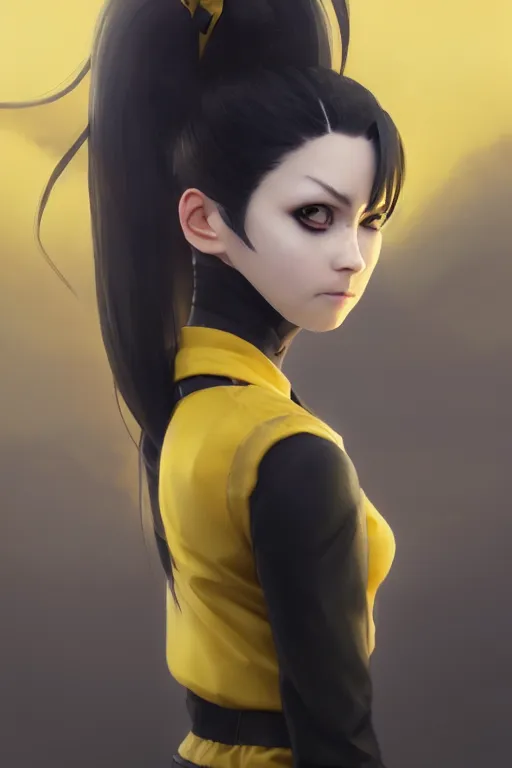 Prompt: black ponytail hair, pale woman in a black unzipped jacket, black shorts, yellow eyes, by artgerm, beautiful render, matte painting, realistic, dynamic angle, wlop, loish, octane render, sharp focus, decadent, by greg rutkowski makoto shinkai