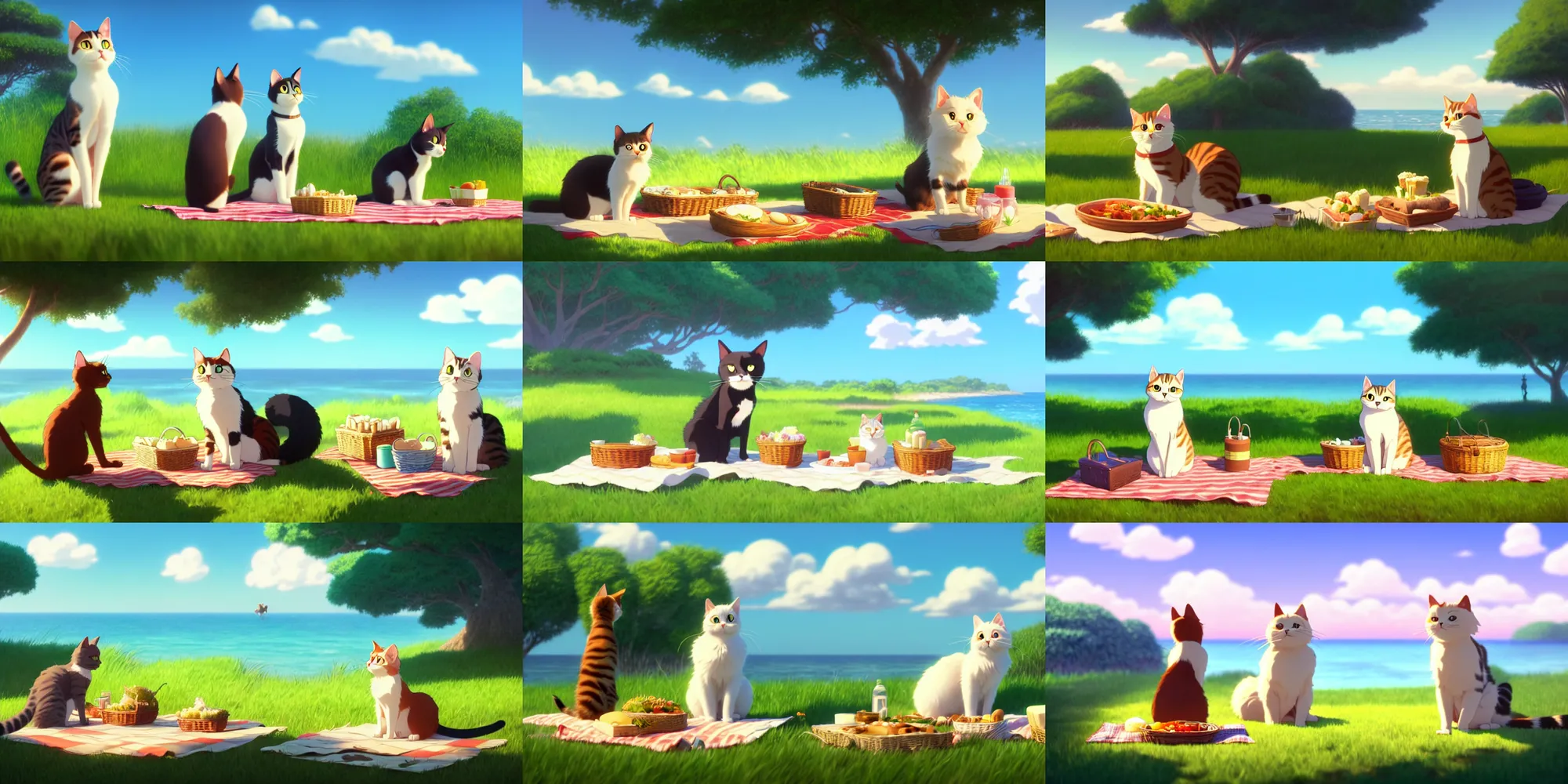 Prompt: a wholesome animation key shot of a cat on a picnic date by the ocean, studio ghibli, pixar and disney animation, sharp, clear sky, rendered in unreal engine 5, anime key art by greg rutkowski, bloom, dramatic lighting