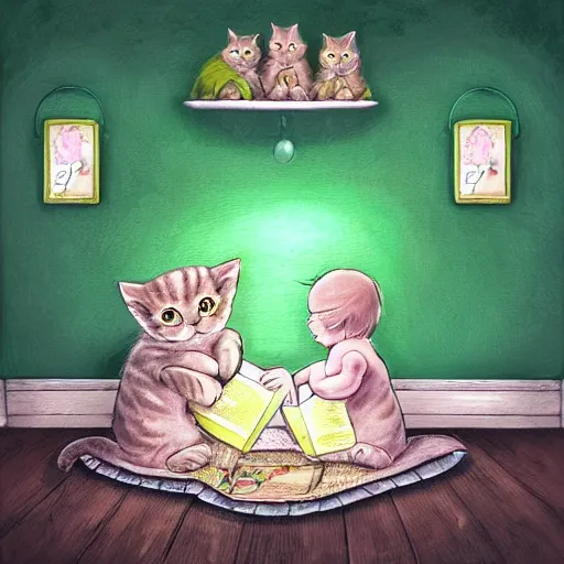 Image similar to Cat-mom is sitting in the green armchair and reading the Harry Potter book to his cute baby kittens in the cute fairy-like bedroom. Kittens hug each other while listening. Alice in Wonderland movie style. Realistic, digital art, highly detailed, photo realistic. emotionally evocative, cute eyes, round cats, cozy home.